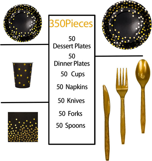 350 Pieces Gold Disposable Party Dinnerware Set &Golden Dot Disposable Party Dinnerware - Black Paper Plates Napkins Cups, Gold Plastic Forks Knives Spoons