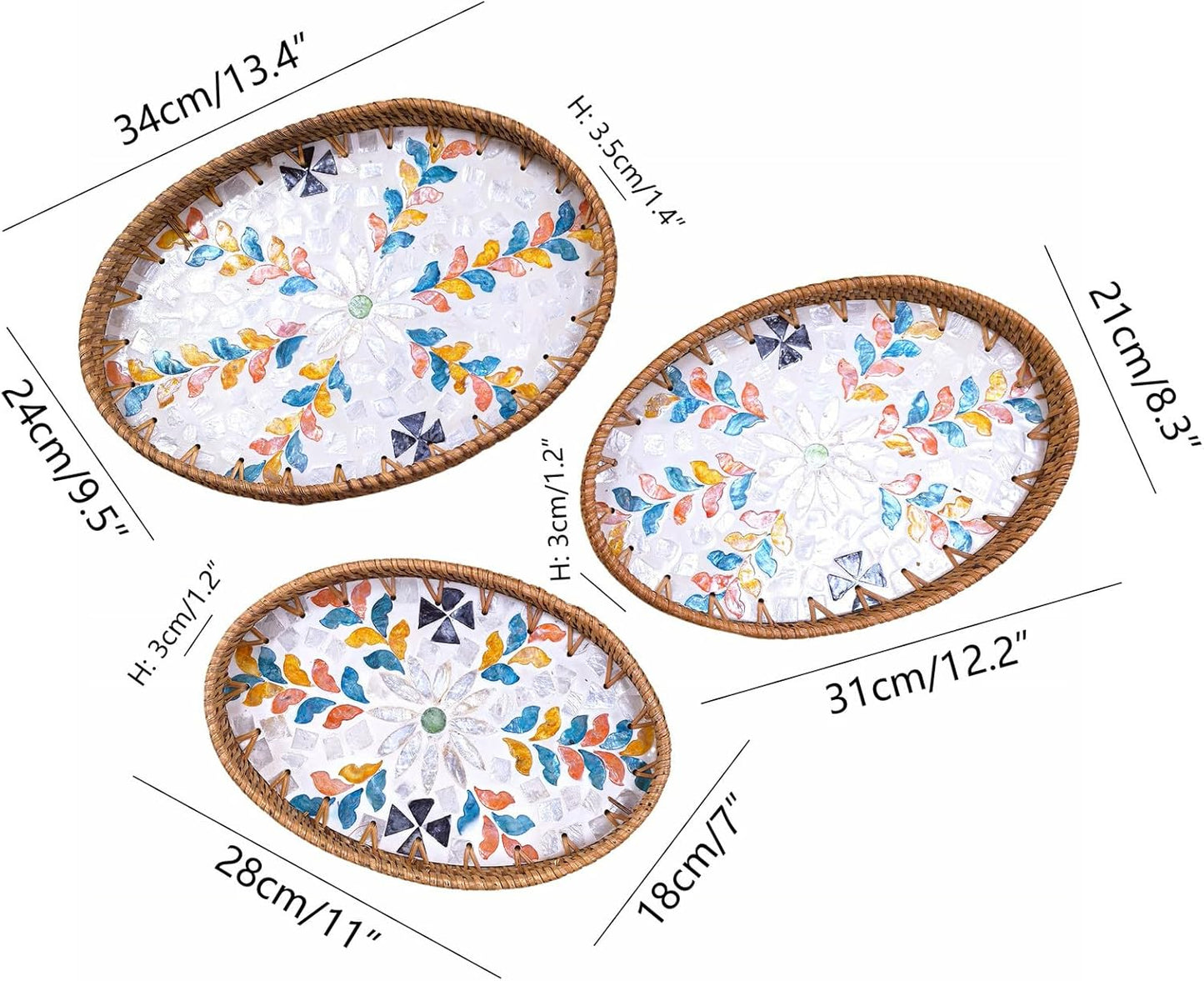 i-lan 3-Pack Oval Rattan Serving Trays with Mother of Pearl Inlay, 13/12/11 Inch Woven Platters for Home Decor, Coffee Table, Display, and Entertaining