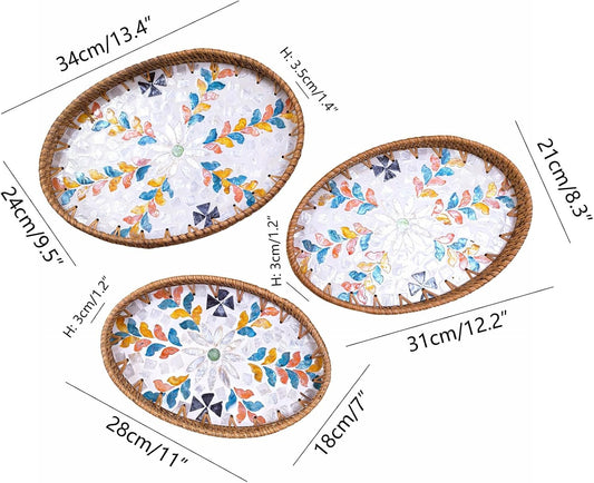 i-lan 3-Pack Oval Rattan Serving Trays with Mother of Pearl Inlay, 13/12/11 Inch Woven Platters for Home Decor, Coffee Table, Display, and Entertaining