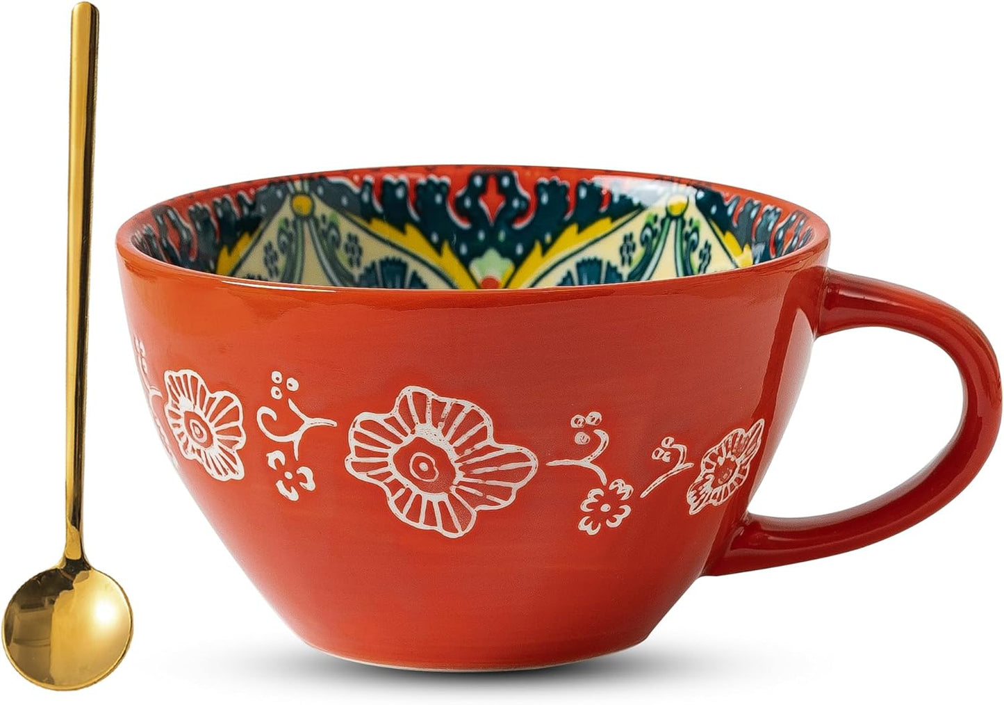 Red Boho Coffee Mug Set of 1 with Coffee Spoon, Ceramic Large Cups 15 oz/ 450ml, Porcelain Cups for Latte, Tea, Cappuccino, Cocoa, Soup, Dishwasher Microwave Safe, Gift Set Bohemian Style
