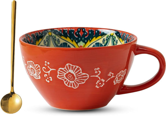 Red Boho Coffee Mug Set of 1 with Coffee Spoon, Ceramic Large Cups 15 oz/ 450ml, Porcelain Cups for Latte, Tea, Cappuccino, Cocoa, Soup, Dishwasher Microwave Safe, Gift Set Bohemian Style
