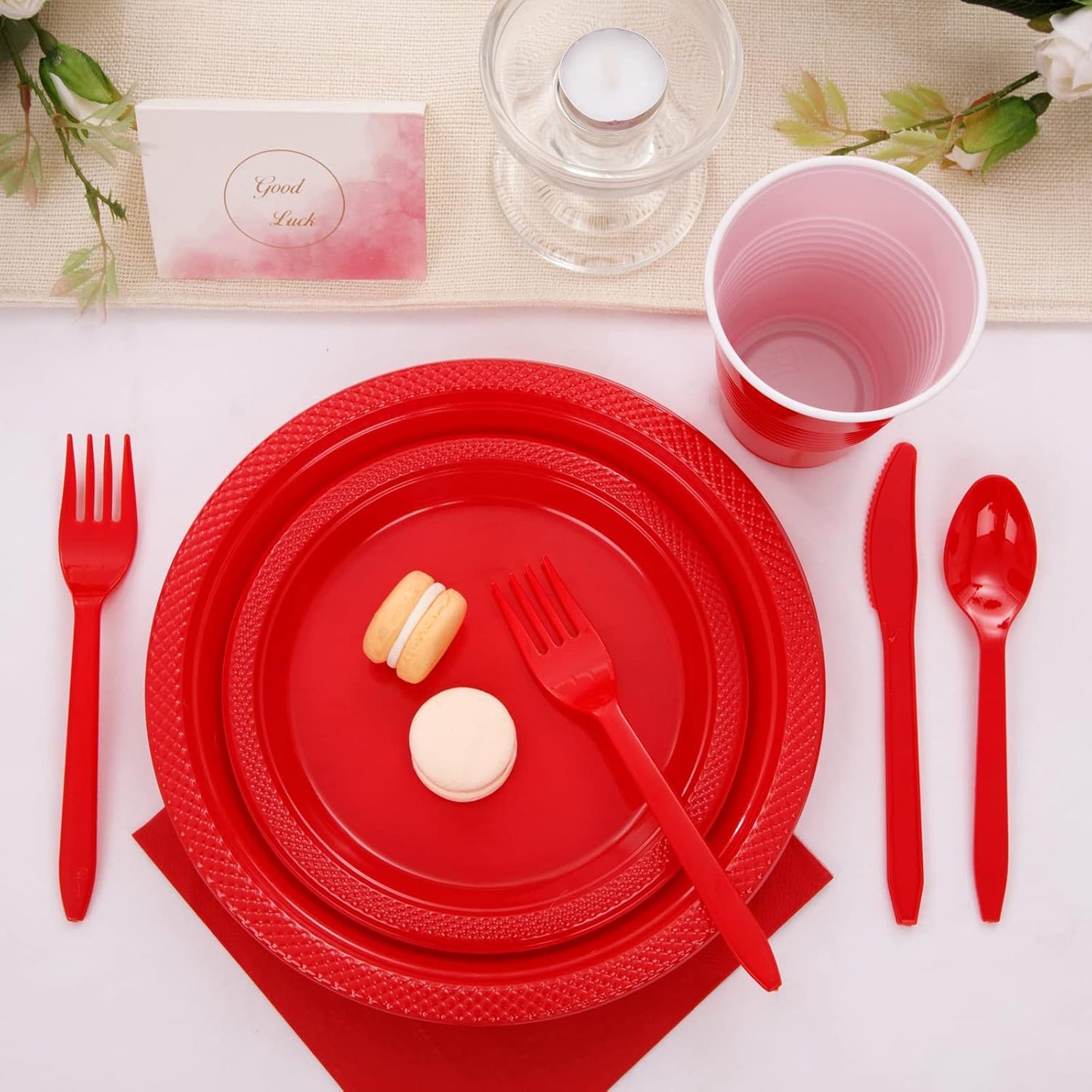 WELLIFE 210Pcs Red Plastic Plates, Disposable Dinnerware Set, Party Supplies Including Red plates, 12oz Cups, plastic Cutlery and Napkins Serve 30 Guests, Plastic Plates for Party