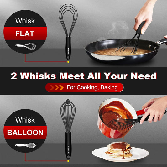 Walfos Whisk Silicone Whisks set, Non Scatch Coated Whisks for Cooking and Baking, Heavy Duty Set of 4 Kitchen Whisk - 11'' Flat Wisk and 7''+10''+12'' Balloon.