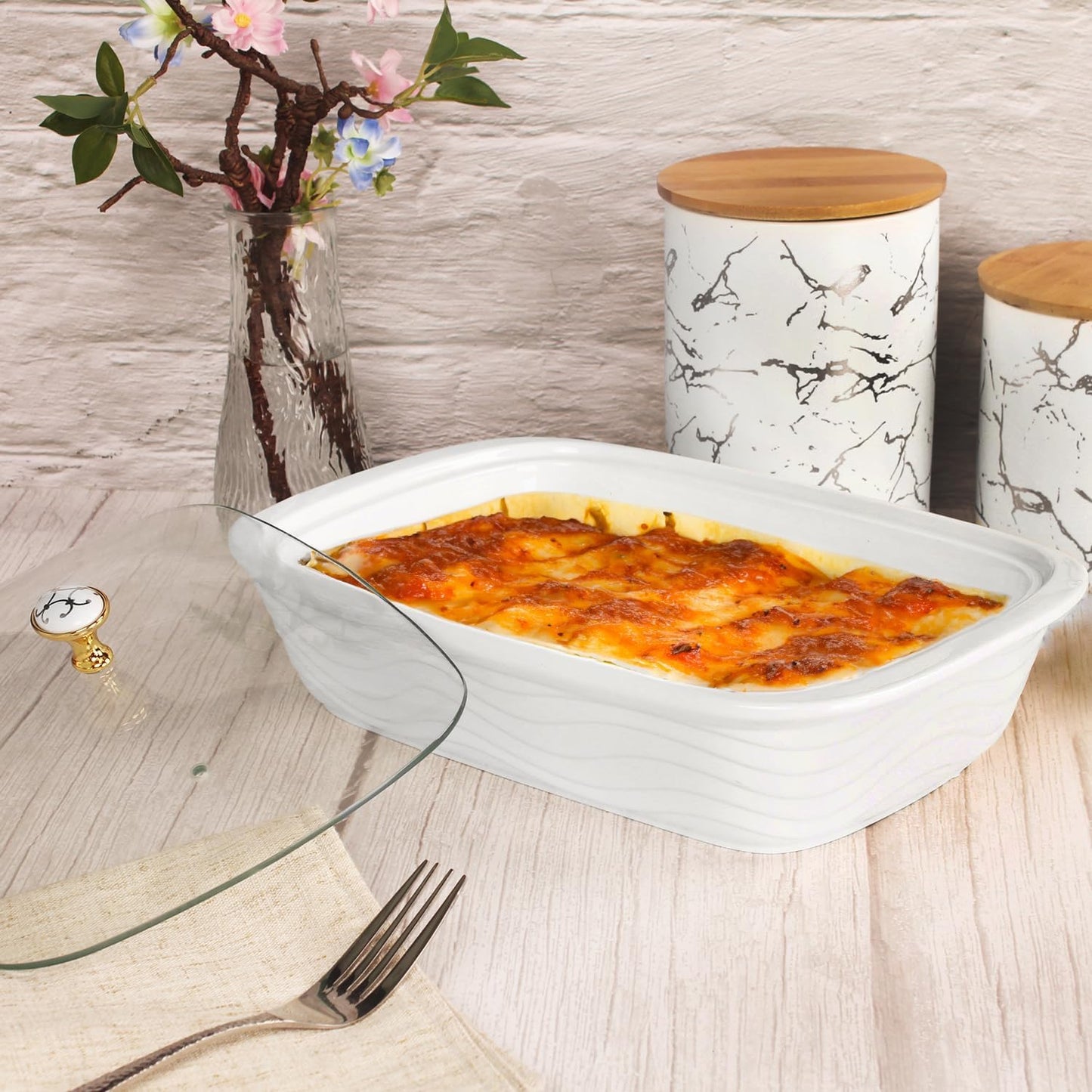 12" x 8" Ceramic Casserole Baking Dish With Glass cover, Lasagna Pan Deep for Oven, 2.2 Quarts Baking Pan with Handles, Oven Safe&Durable Bakeware for Home Decor