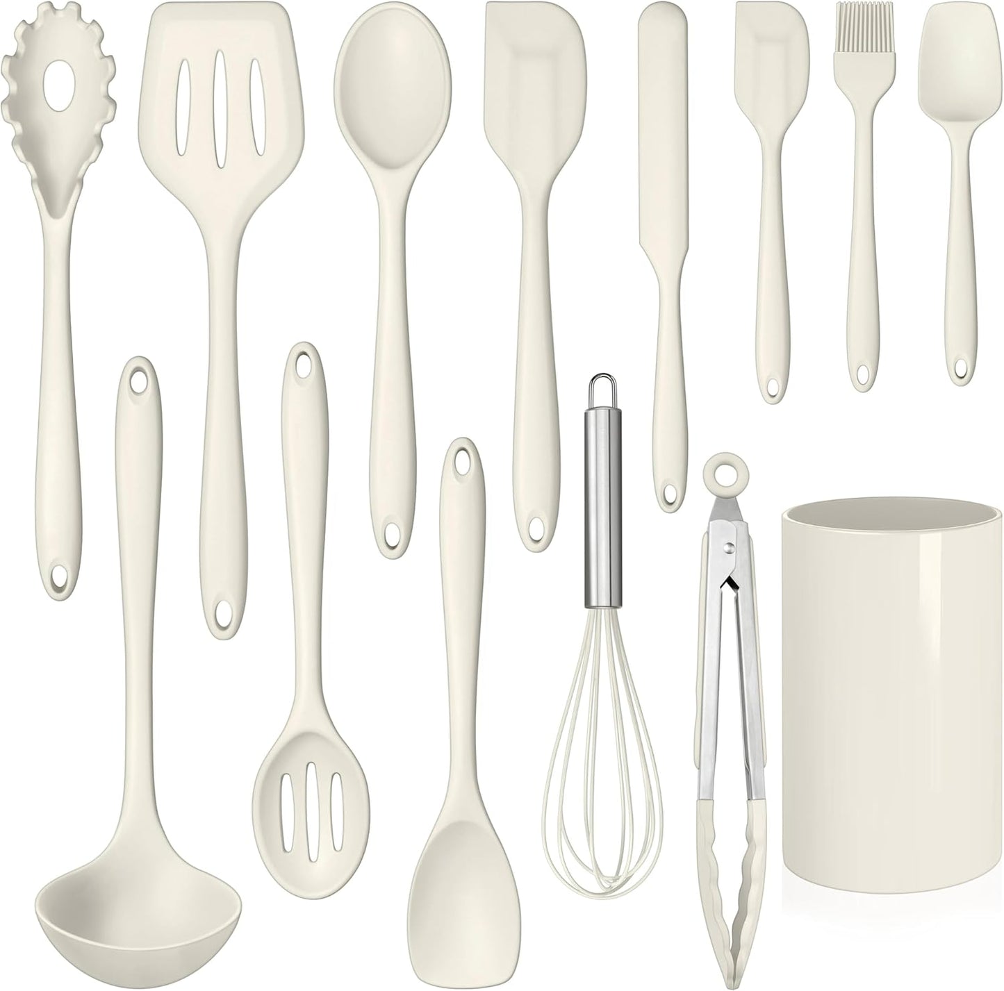 LIANYU 14 Pcs Kitchen Utensils Set with Holder, Silicone Cooking Utensils Spatula Set, Heat Resistant Cookware Tools Includes Spoon Turner Whisk Tong, Dishwasher safe, Cream White