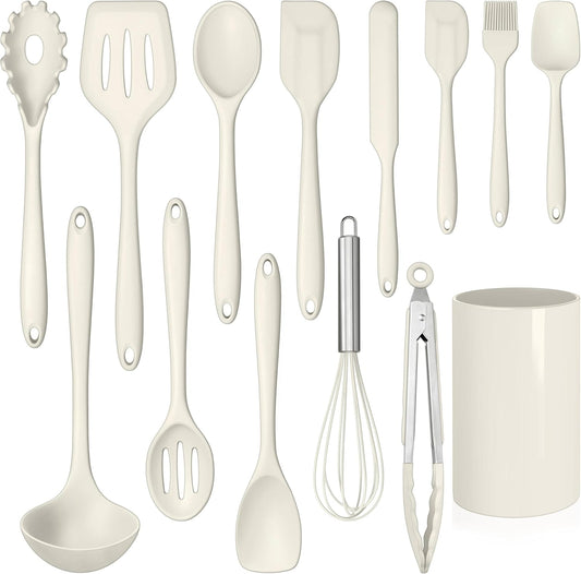 LIANYU 14 Pcs Kitchen Utensils Set with Holder, Silicone Cooking Utensils Spatula Set, Heat Resistant Cookware Tools Includes Spoon Turner Whisk Tong, Dishwasher safe, Cream White