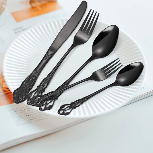 Black Silverware Royal Flatware Set for 4 Stainless Steel Cutlery Retro Antique Kitchen Utenisl with Flower Design Handle for Resturant Home Festival Parties