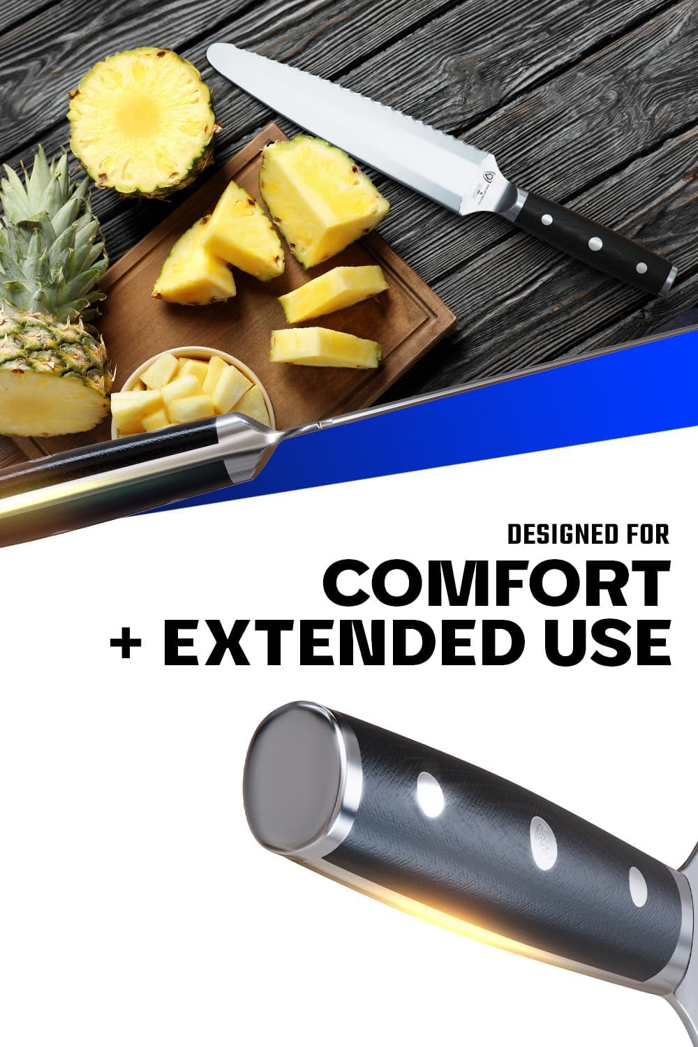 Dalstrong Dual Chef Knife - 8 inch - Gladiator Series Elite - Straight+Serrated Edge - Forged High Carbon Steel Sharp Kitchen Knife - Full Tang Knife Gift- Black G10 Handle - Sheath - NSF Certified