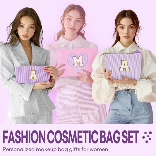 2 PCS Initial Makeup Bags for Women: Cosmetic Bag for Travel Toiletry - Birthday Gifts for 11 12 13 14 15 16 17 18 Years Old Girl Graduation Teacher Gift- Teen Girl Gifts Trendy Stuff - Purple J