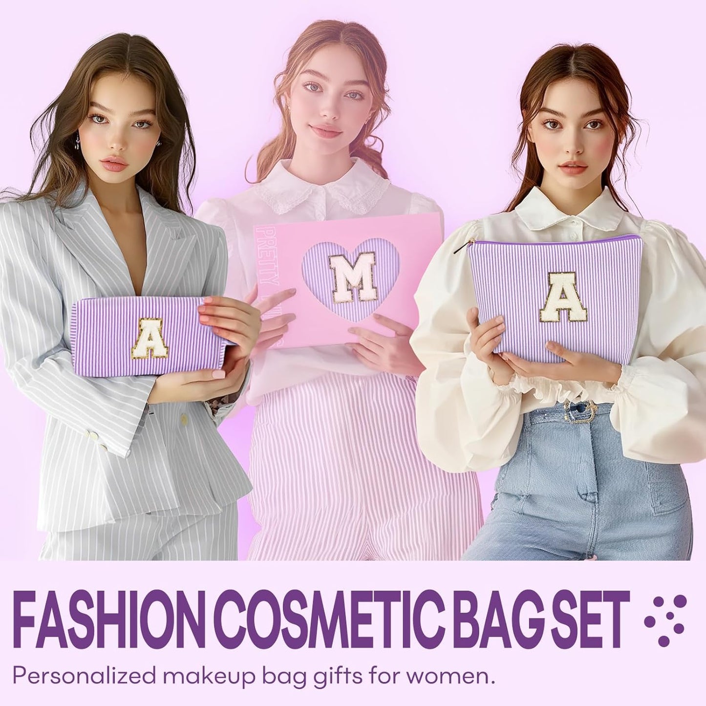 2 PCS Initial Makeup Bags for Women: Cosmetic Bag for Travel Toiletry - Birthday Gifts for 11 12 13 14 15 16 17 18 Years Old Girl Graduation Teacher Gift- Teen Girl Gifts Trendy Stuff - Purple G