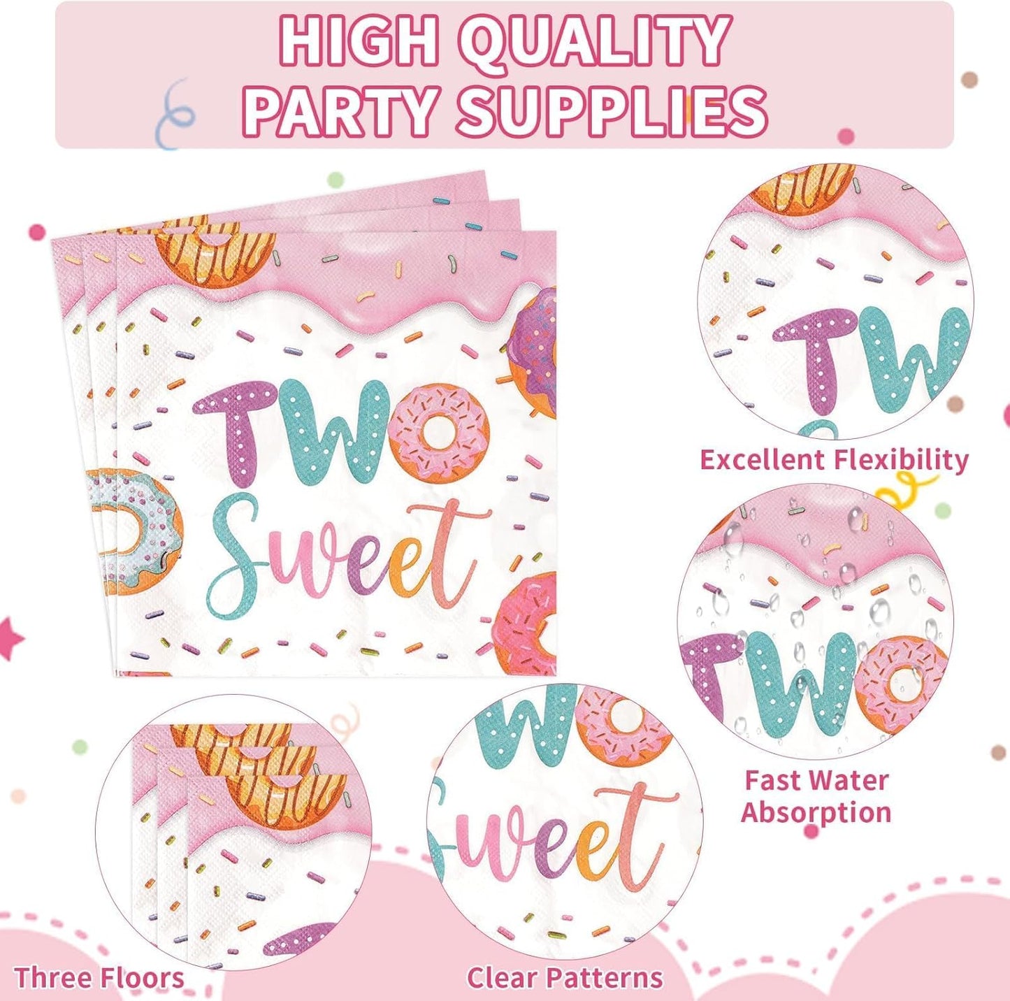 96 Pcs Two Sweet Donut Birthday Party Supplies Two Sweet Party Decorations Donut Plates Napkins Forks Girls Donuts Tableware Set for Baby Girl 2nd Birthday Decorations Baby Shower Serves 24