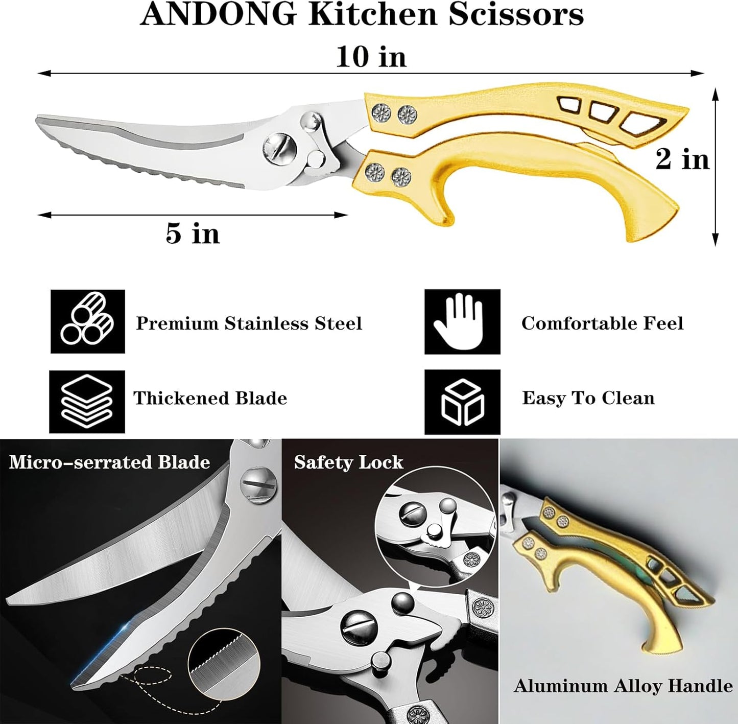ANDONG Heavy Duty Kitchen Poultry Shears with Serrated Edge, Spring Loaded Kitchen Scissors, Professional Chicken Shears, Gold