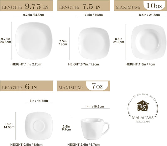 MALACASA 30 Piece Porcelain Dinnerware Set, Grey White Dish Set for 6, Square Ceramic Dishware Sets, Chip and Scratch Resistant Plates and Bowls Sets, Cups and Saucers, Series ELISA