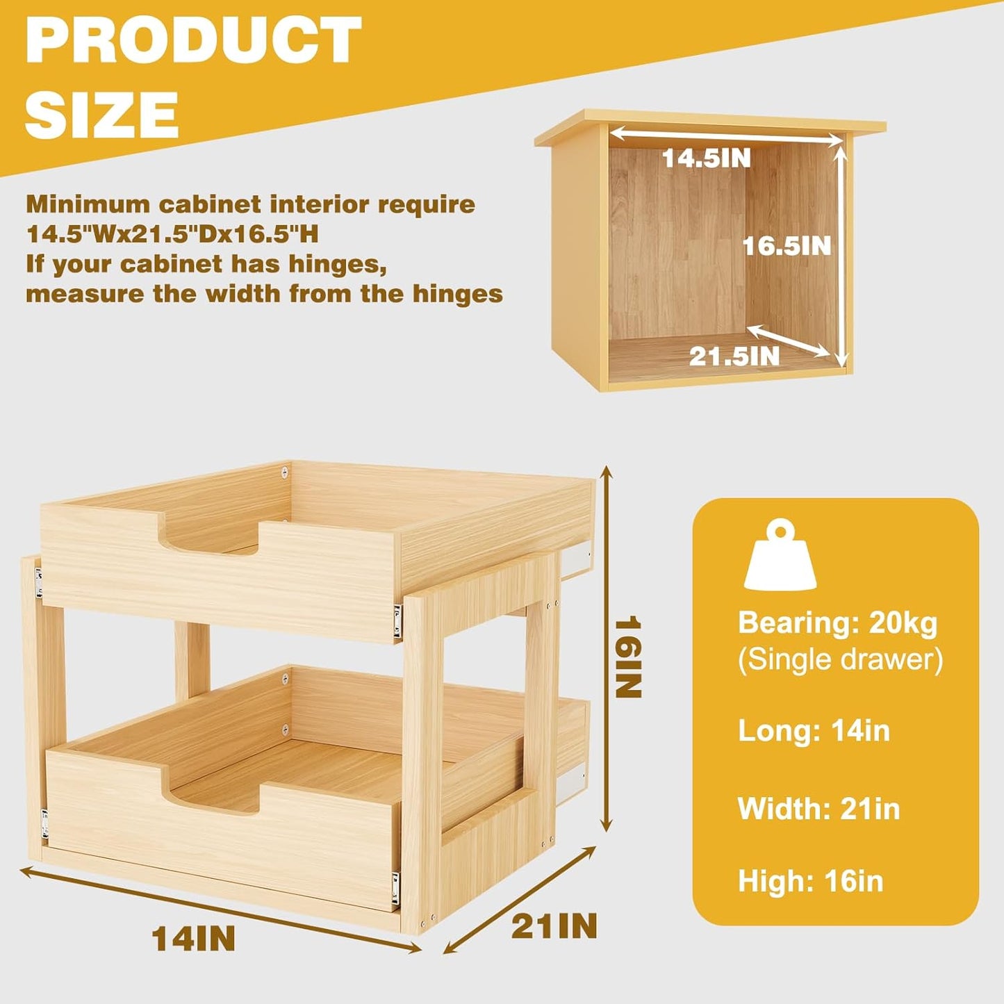 Pull Out Cabinet Organizer, 14''W×21''D×16''H Soft Close Slide Out Wooden Pull out Drawers, Double Tier Slide out Wood Cabinet Organizer, for Base Cabinet Organization in Kitchen, Pantry, Bathroom