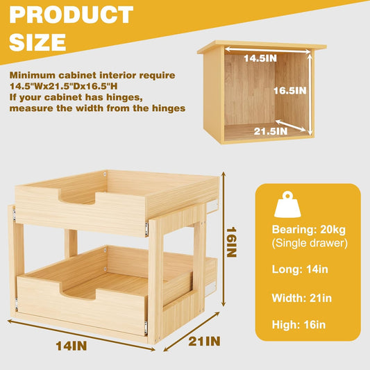 Pull Out Cabinet Organizer, 14''W×21''D×16''H Soft Close Slide Out Wooden Pull out Drawers, Double Tier Slide out Wood Cabinet Organizer, for Base Cabinet Organization in Kitchen, Pantry, Bathroom
