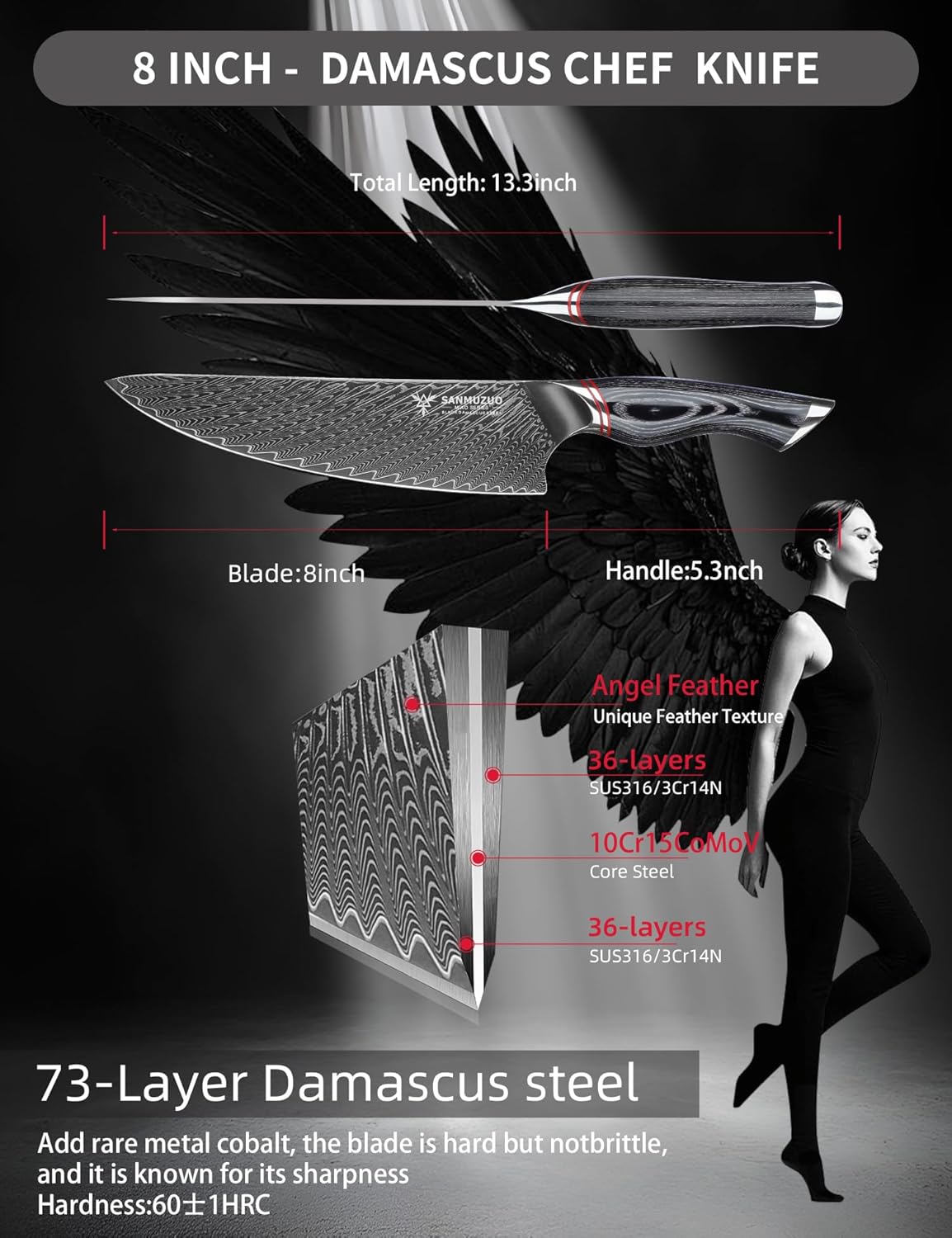 Chef Knife 8 Inch - Professional Japanese Kitchen Knife - Black Damascus Steel with Ergonomic Handle - MIAO Series