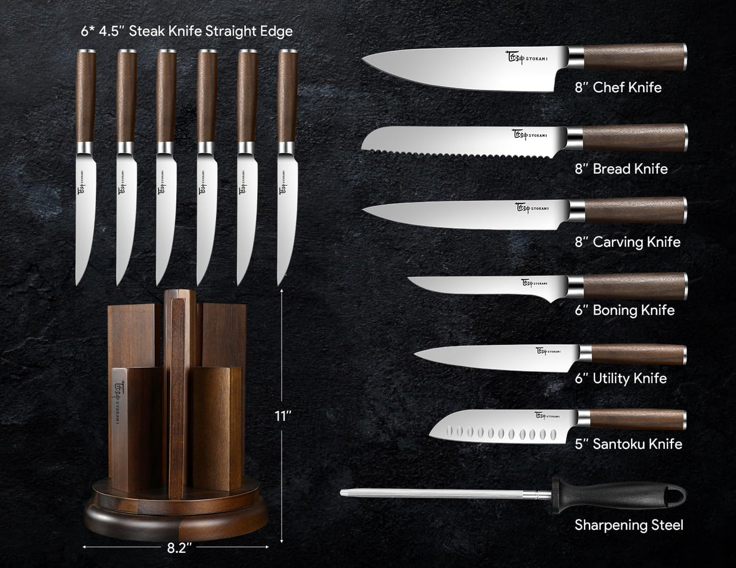 Kitchen Knife Set with Magnetic Block and Sharpener 14 Piece Knife Set 360° Rotatable Holder Ultra Sharp High Carbon Stainless Steel Knives Sets with Steak Knives, Anti-slip Ergonomical Handle