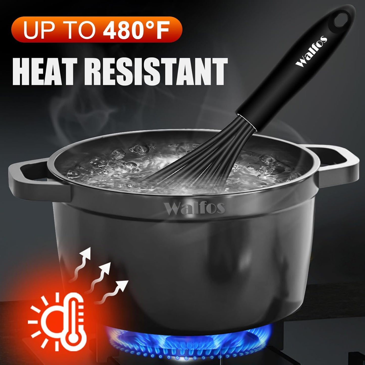 Walfos Silicone Whisk,11 Inch Silicone Whisks for Cooking Non Scratch,BPA Free Kitchen Whisk Heat Resistant (480°F) Perfect for Blending,Whisking,Beating,Mixing.Dishwasher Safe (Black）