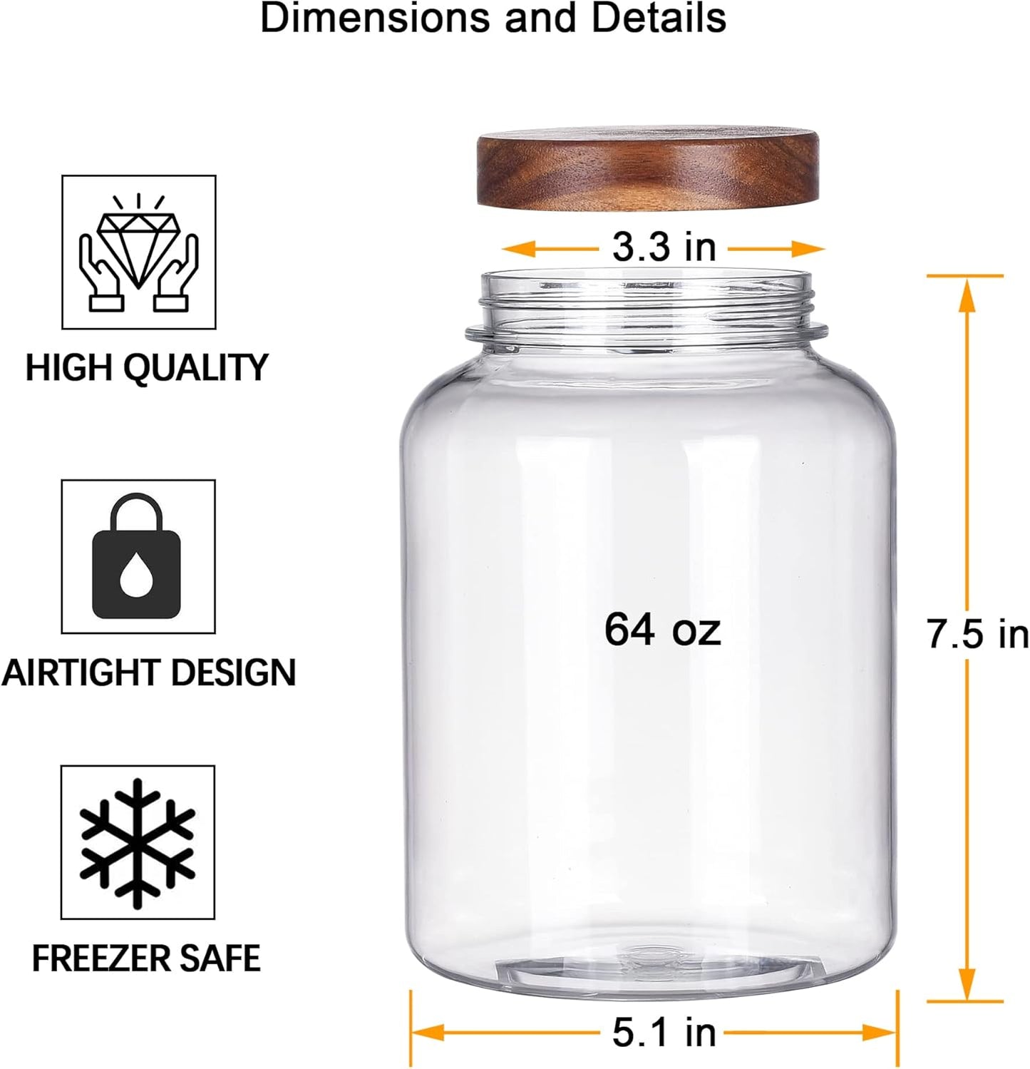 64 Fluid Ounces Unbreakable & Dishwasher Safe Plastic Apothecary Jar with Wooden Airtight Screw Top Lid, 0.5 Gallon Food Storage Canister for Sugar, Coffee, Cookie, Cereal, Flour Containers