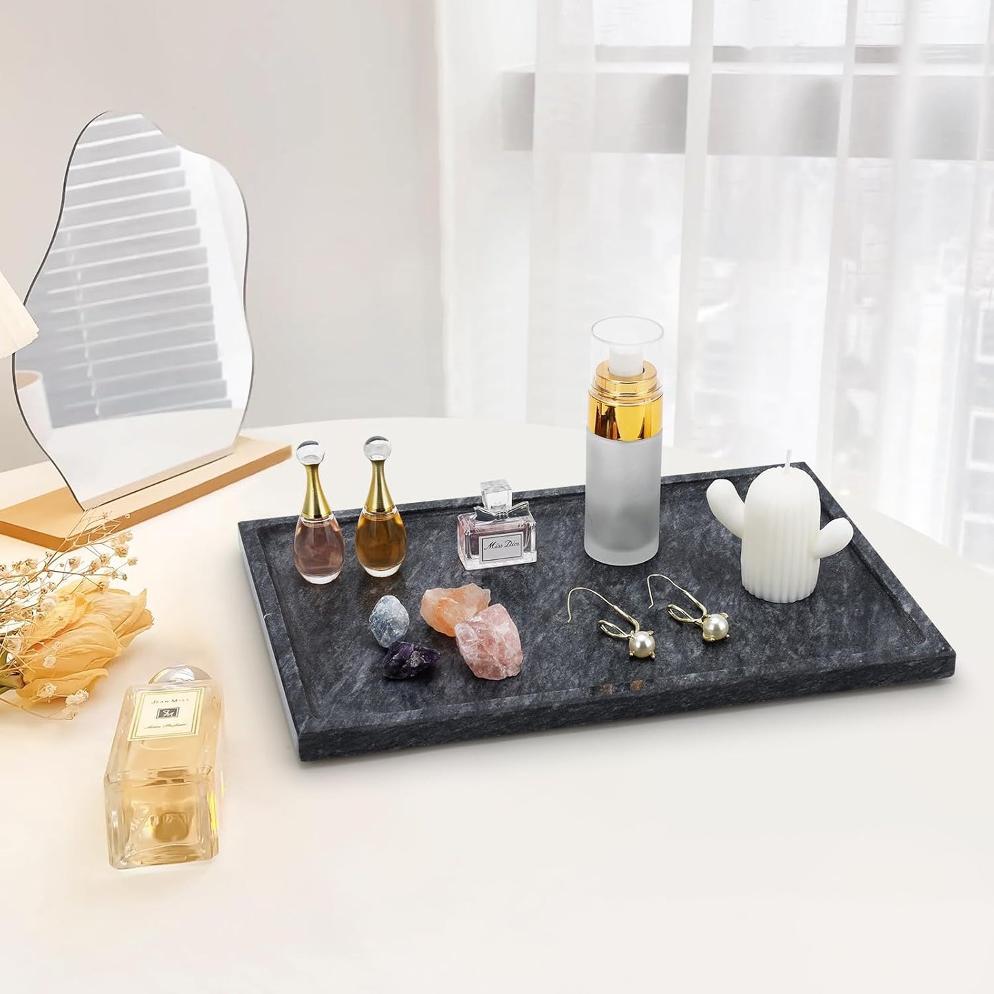 Real Luxurious Natural Black Marble Tray - 12x8 Inch Marble Vanity Tray for Perfume Display, Jewelry Organizer, Bathroom & Home Decor -Heavy Duty Non-Slip Stone Tray (Non-Resin/Non-Ceramic)