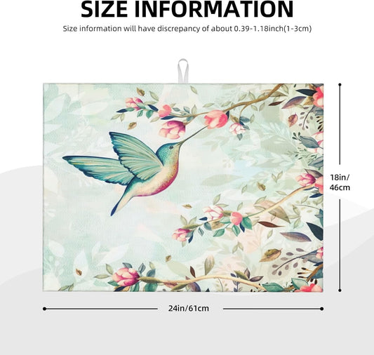 Hummingbird Flowers Dish Drying Mat 18x24 Inch, Microfiber Absorbent Fast Dry Mat Large Dish Mat Drying Kitchen Mat, Kitchen Drying Pad for Kitchen Counter Coffee Bar Decor Gifts