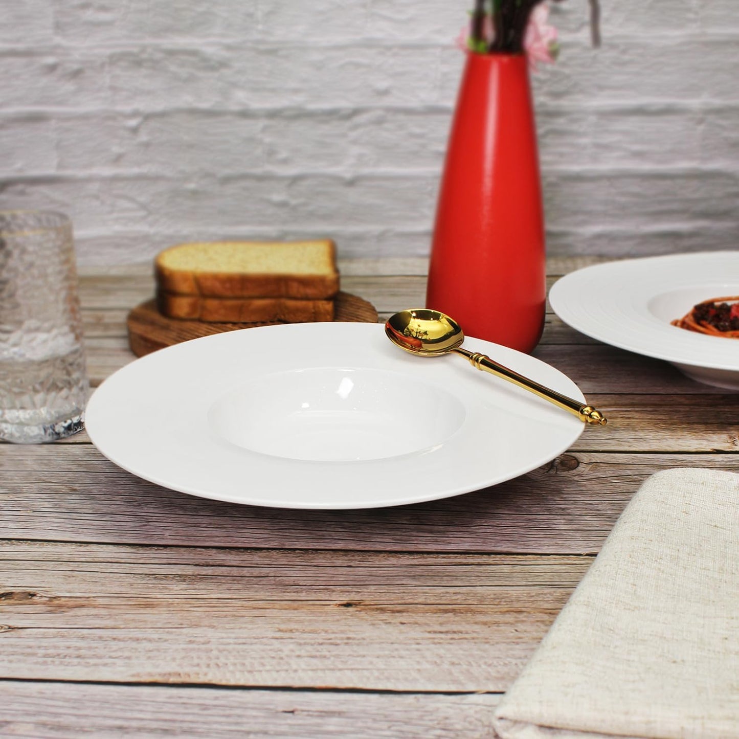 Ceramic Wide Rimmed Soup Plate, Soup Bowl 8 oz, Pasta Bowl Set of 4, White Shallow Bowl Plate with Rim, Best choice for high-end restaurants, hotels, and foodies, 9.6 Inch