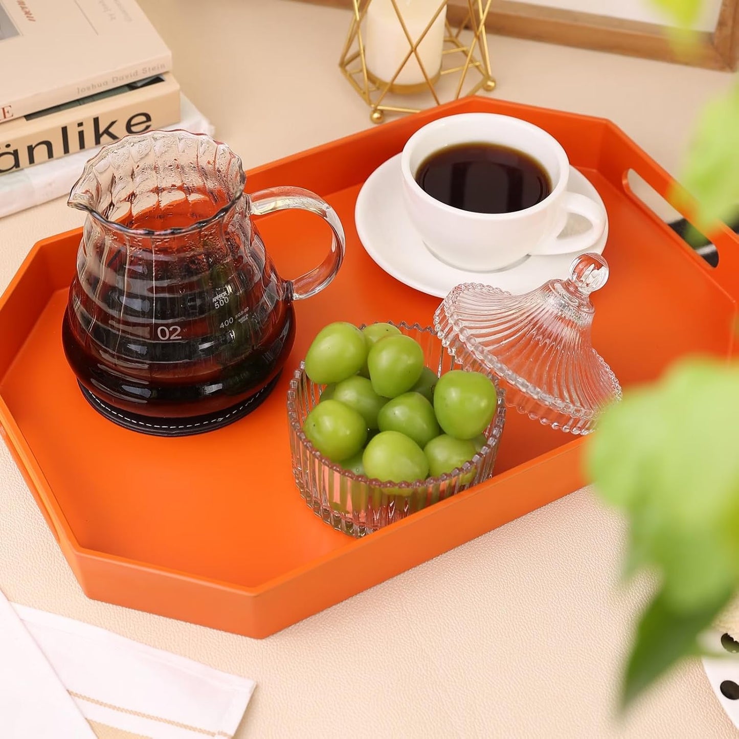 Orange Octagonal Serving Tray with Handles for Coffee Table, Plastic Decorative Tray for Ottoman, Kitchen Counter, Living Room, Outdoor Lacquer Tray for Entertaining