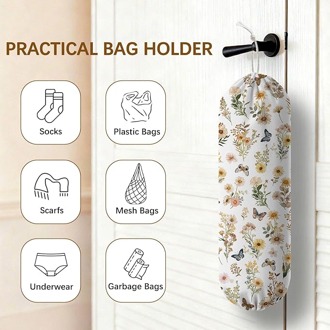 Plastic Bag Holder Butterfly Floral Bag Holder Dispenser, Plastic Grocery Bag Organizer & Wall Mount Paper Trash Bags Saver Storage for Kitchen Home Pantry Decor, Shopping Bags Storage Dispenser