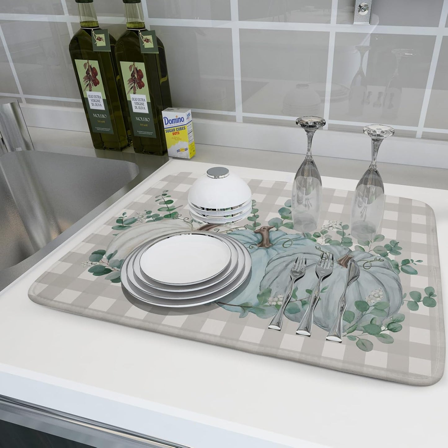 Fall Drying Mats for Kitchen Counter 18×24 Inch Large Microfiber Drying Mat Blue White Pumpkin Thanksgiving Harvest Festival Kitchen Decor Accessories Dish Rack Mat Drainer Pad Washable Absorbent