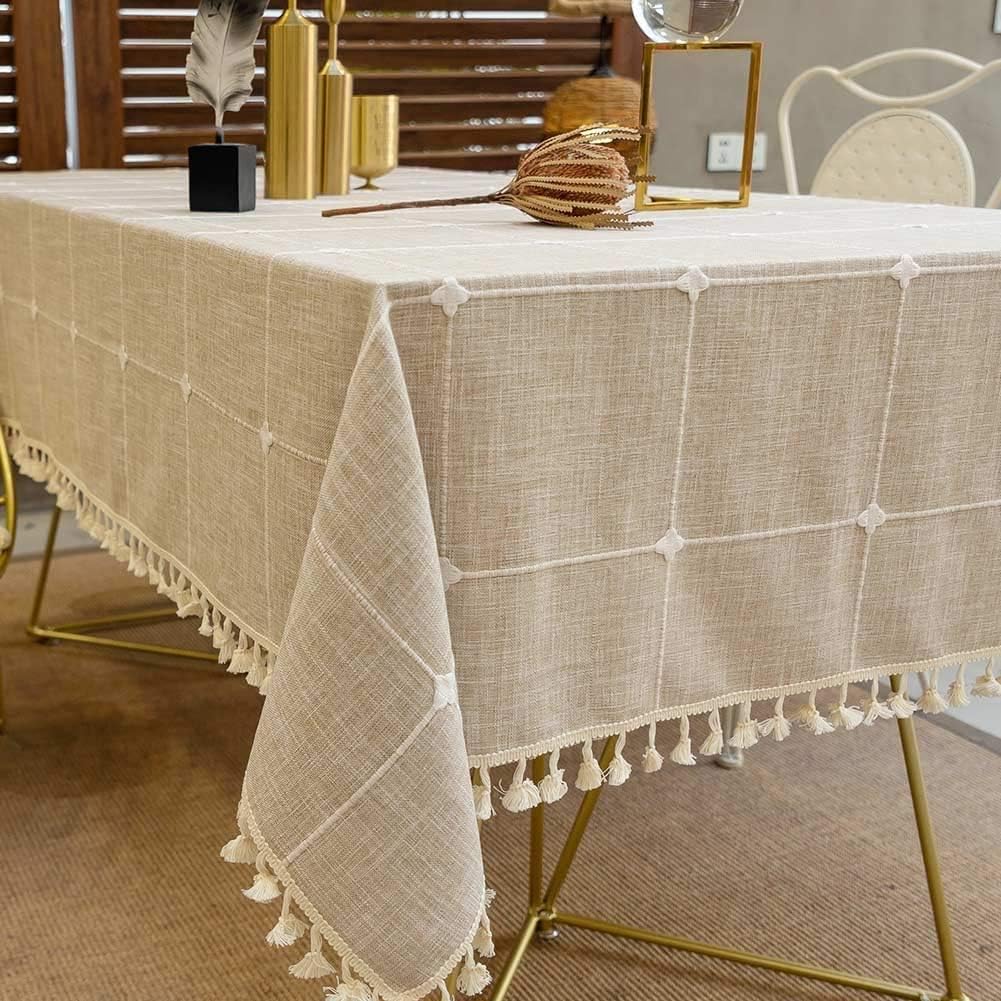Deep Dream Tablecloths, Embroidered Waterproof Table Cloth Cotton Linen Wrinkle Free Anti-Fading Table Cover Decoration for Kitchen Dinning Party Christmas, 55 x 140 Inch - Light Brown