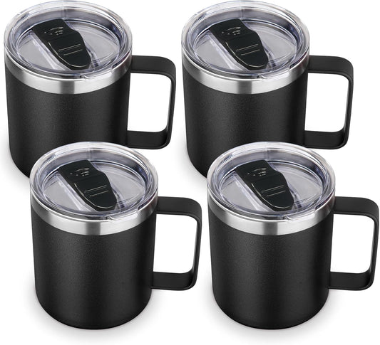 Volhoply 14oz Insulated Stainless Steel Coffee Mug with Lid Bulk 4 Pack,Double Wall Vacuum Travel Coffee Cup with Handle,Reusable Metal Cups Tumbler,Camping Mugs Keep Hot,Ideal Gifts(Black,4)