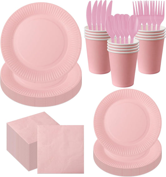 210pcs Pink Paper Plates Disposable Tableware Party Supplies - Includes 9" Dinner Plates, 7" Dessert Plates, 9oz Paper Cups, Napkins, Plastic Forks, Knives And Spoons For All Holiday Parties Serves 30