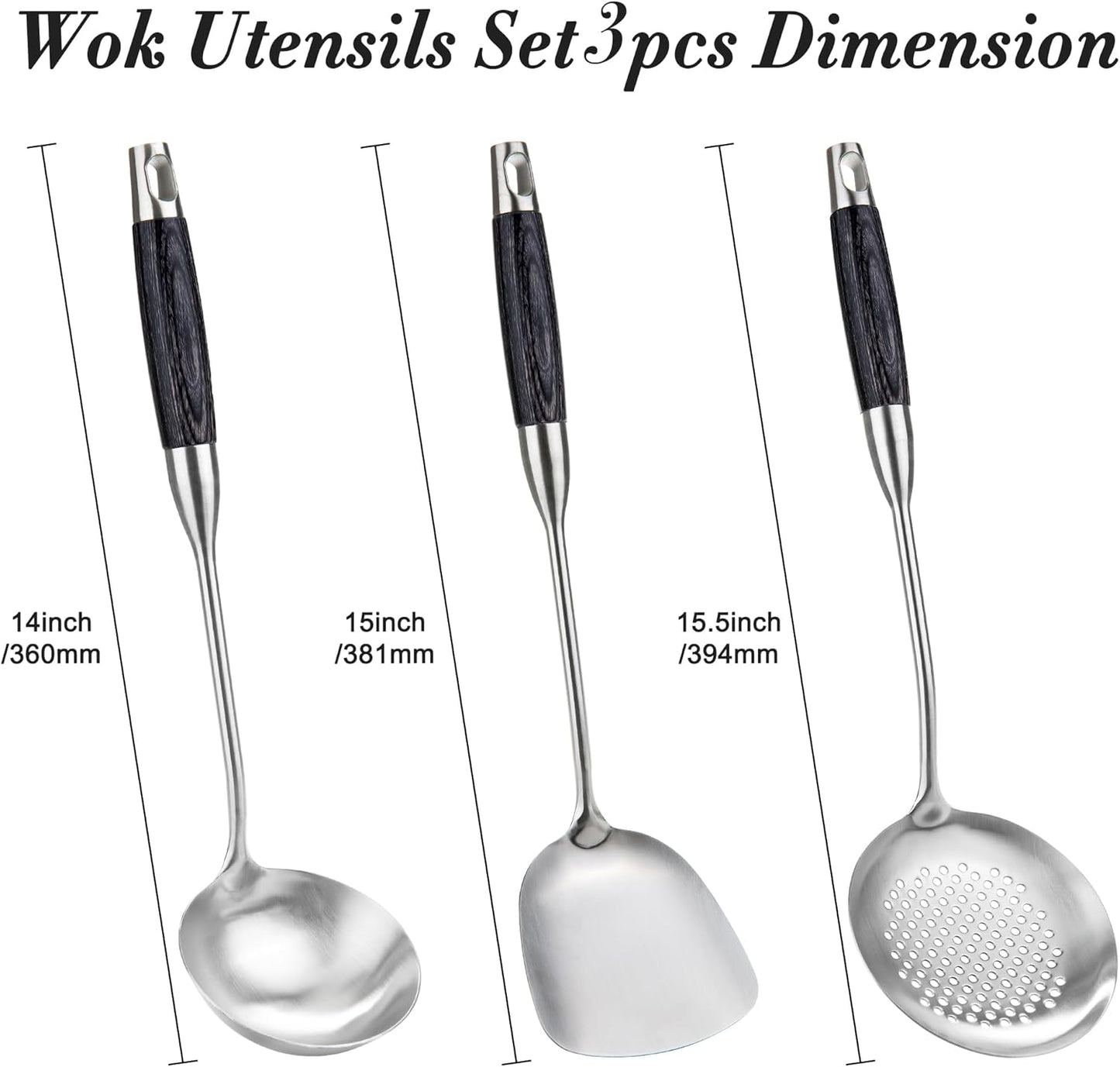 FJNATINH Wok Spatulas Soup Ladle Skimmer Ladle Set, Stainless Steel Wok Tools with Wooden Handle Wok Accessories Sets Cooking Utensils,3 PCS