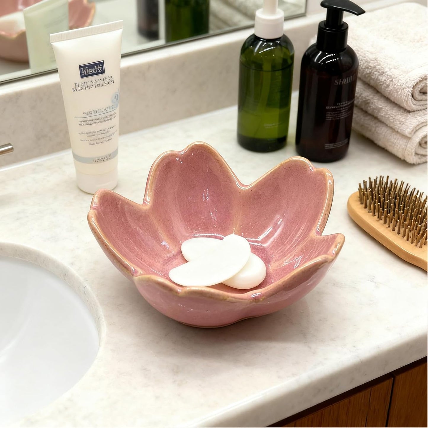Pink Flower Ring Dish Jewlery Tray, Small Ceramic Jewelry Dish Tray Room Nightstand Decor Trinket Dish Bathroom Ring Holder Jewelry Plate Bowl Christmas Friendship Birthday Gifts for Women Mom