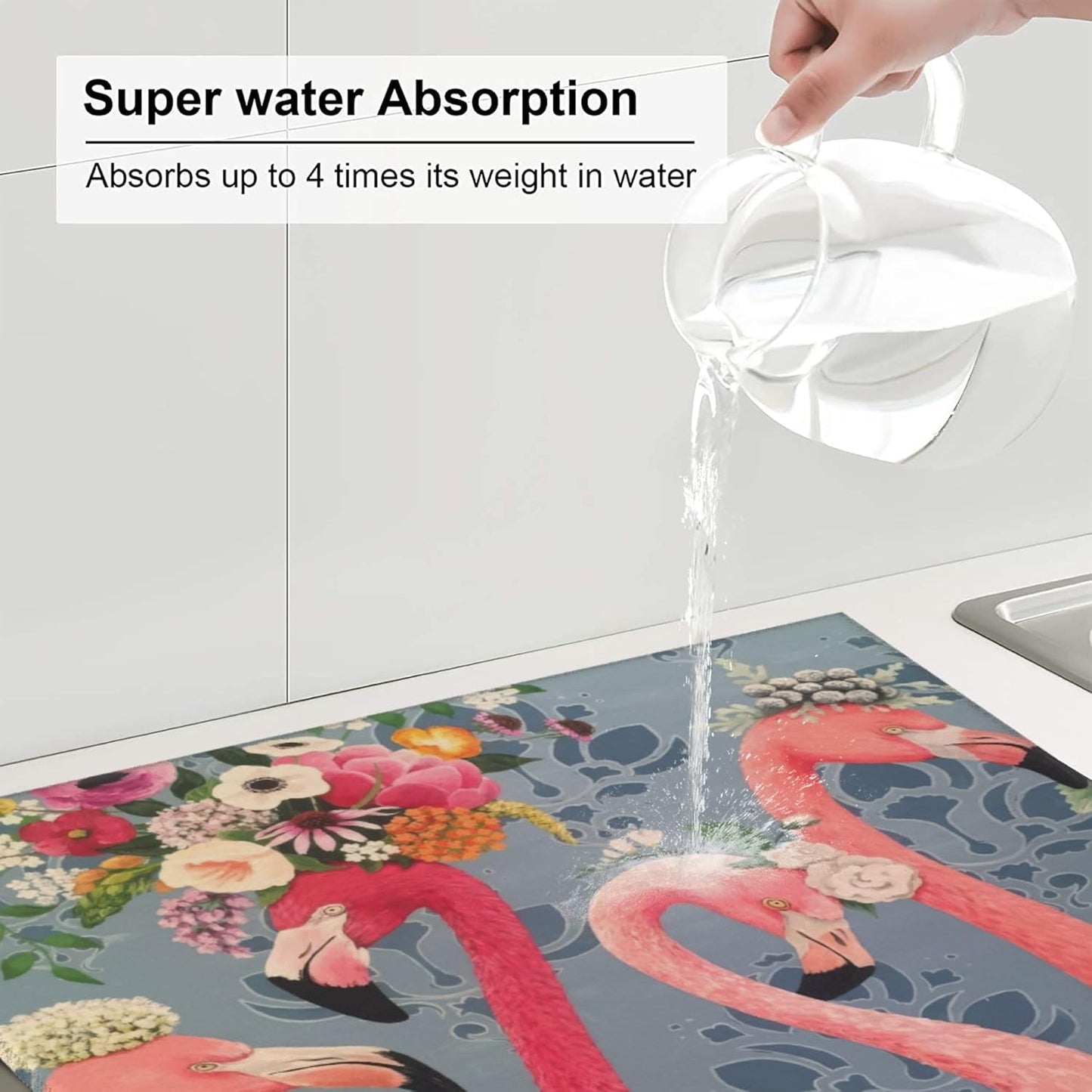 Flamingo Flowers Dish Drying Mat 16x18 Inch, Microfiber Absorbent Fast Dry Mat Large Dish Mat Drying Kitchen Mat, Kitchen Drying Pad for Kitchen Counter Coffee Bar Decor Gifts