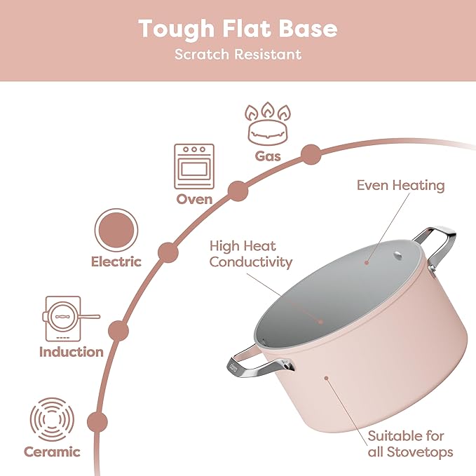 CIARRA Nonstick Dutch Oven with Lid, 6.2 QT Ceramic Dutch Oven with Dual Handles, Non Toxic, PTFE & PFOA Free, Oven Safe & Compatible with All Stovetops, Pink