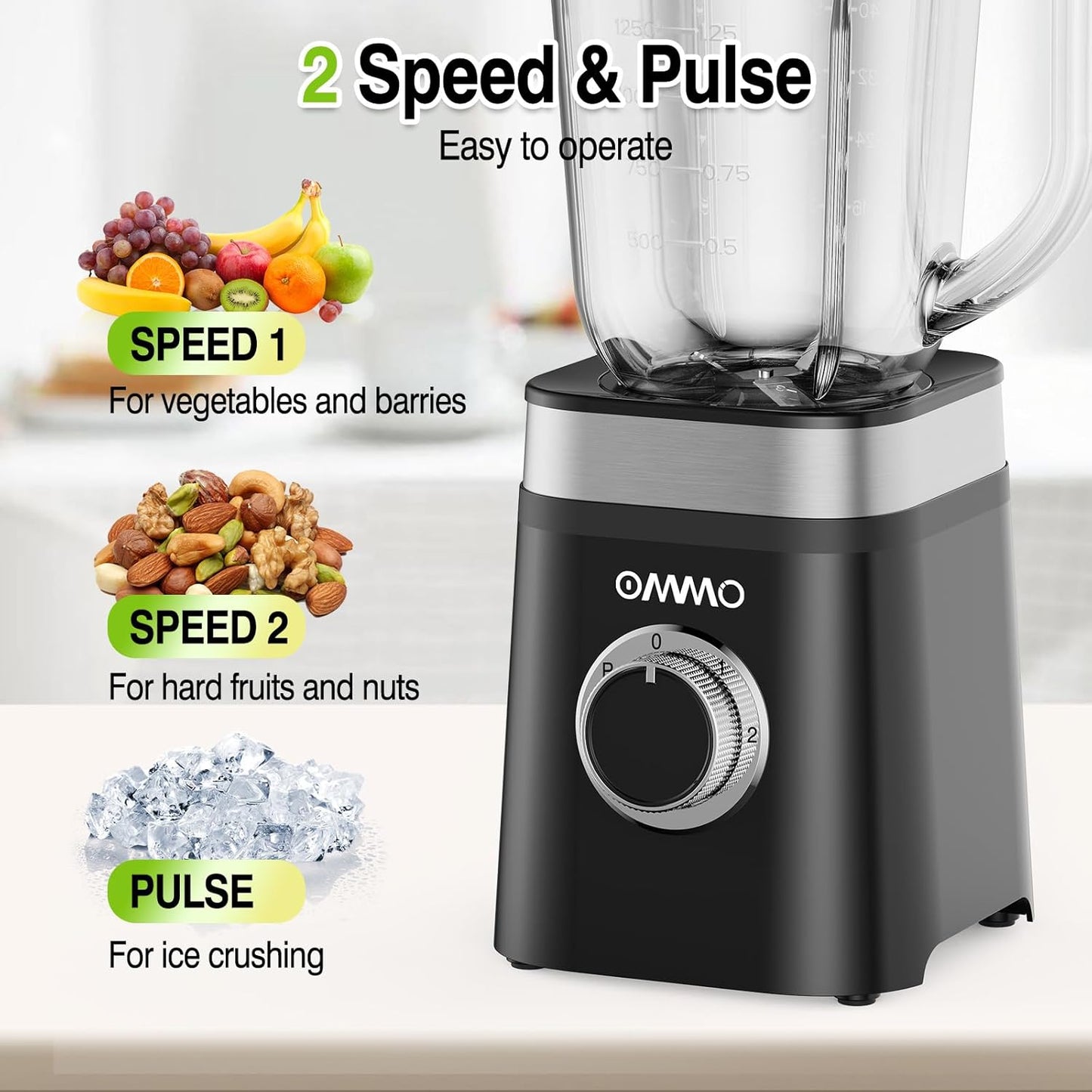 OMMO Blender, Professional Smoothie Blender with 4 Stainless Steel Blades, 50oz Glass Blenders for Kitchen with 2 Speed&Pulse, Dishwasher Safe for Ice Crush, Smoothies, Nuts, Frozen Drinks and Fruits