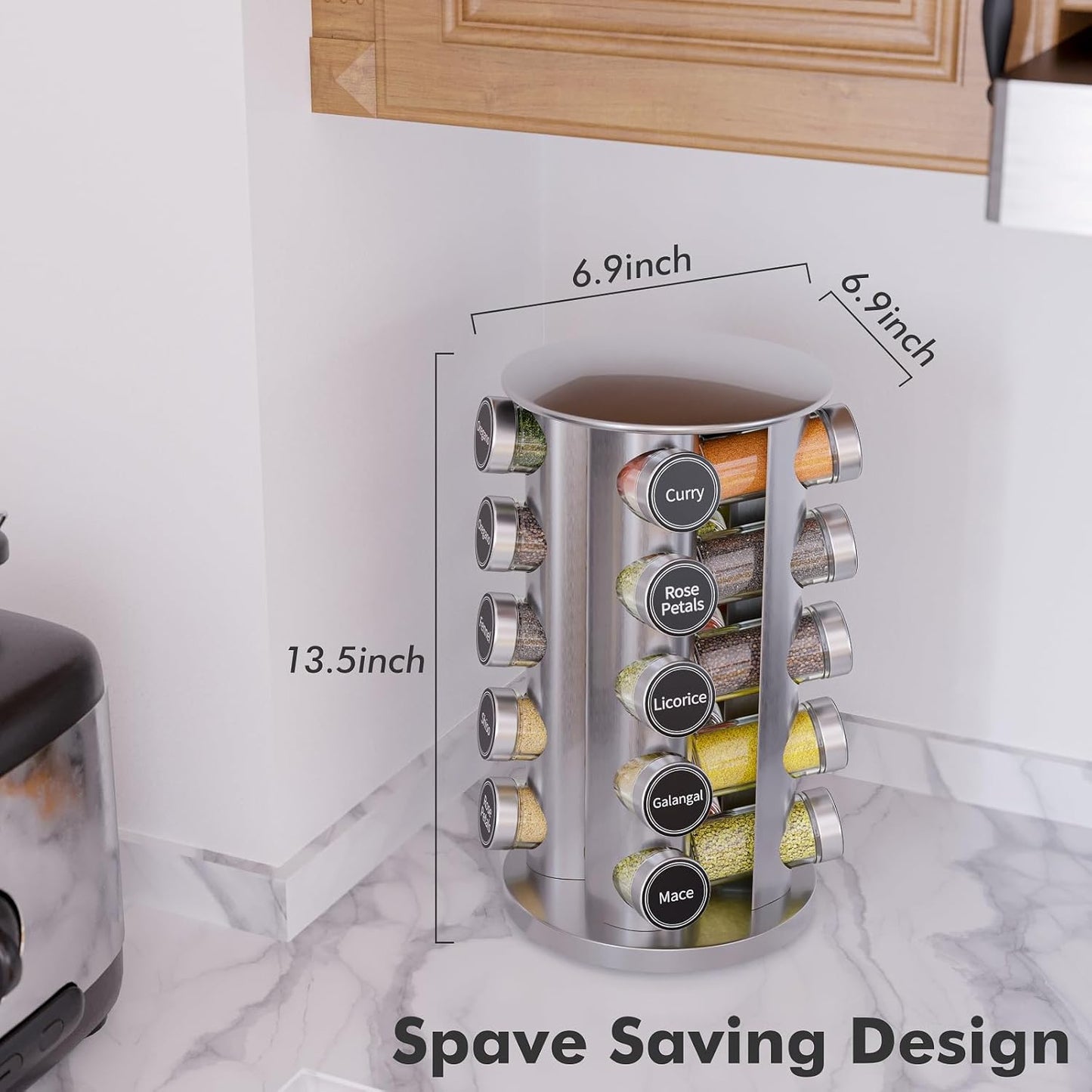 New England Stories Revolving Spice Rack Set with 20 Spice Jars, Kitchen Spice Tower Organizer for Countertop or Cabinet - Carousel Storage Includes 386 Spice Labels (Silver)