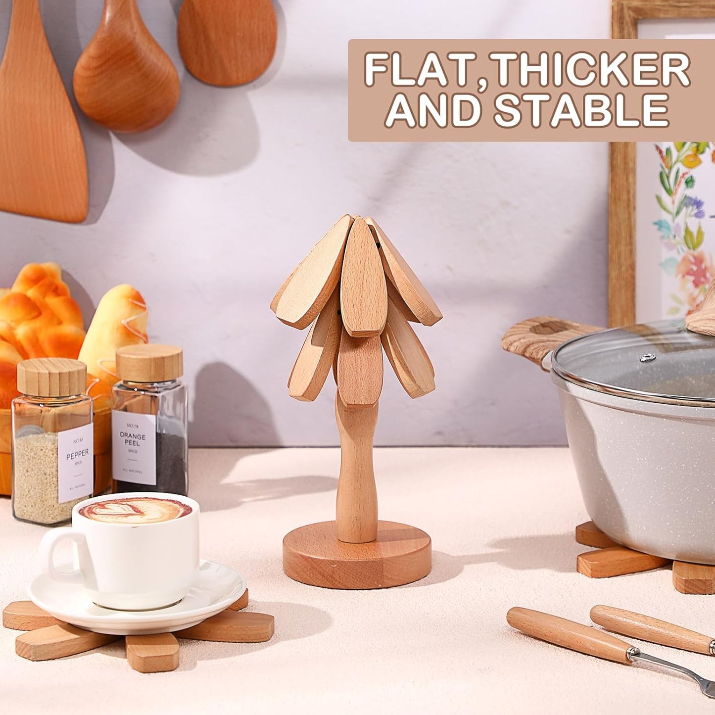 Wooden Tree Coaster Trivets Wood Trivets Set for Hot Dishes Set of 4 Christmas Tree Shape Foldable Wooden Coaster and 1 Stand Natural Trivet for Cups Plates Bowls Pots(Beech Color)