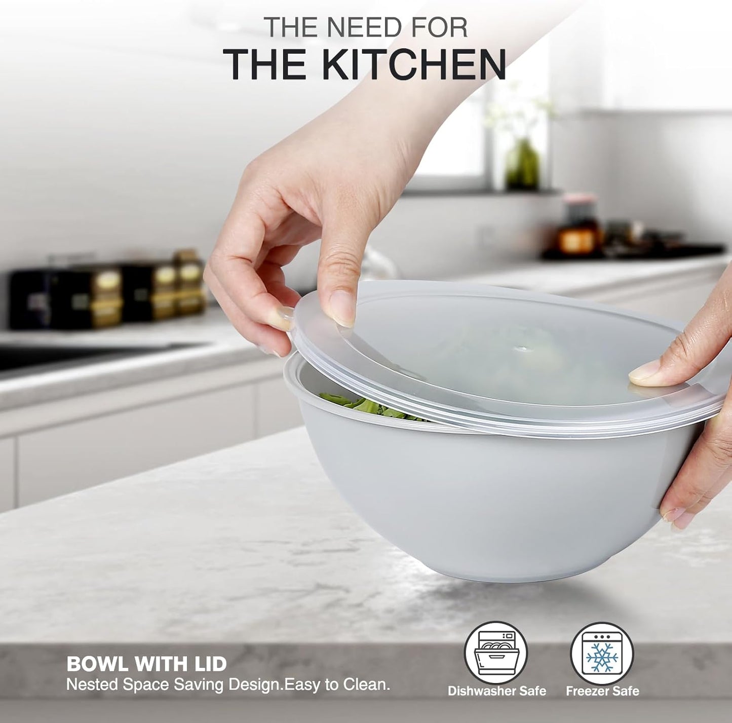 6-Piece Plastic Mixing Bowl Set with Lids for Kitchen, Nesting Storage Bowls for Baking, Prepping,Cooking and Serving Food, Dishwasher, Microwave Safe,Great for Mixing & Serving,Gray