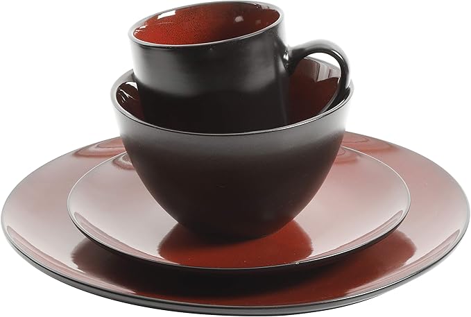 Gibson Elite Soho Lounge Round Reactive Glaze Stoneware Dinnerware Set, Service for Four (16pcs), Red