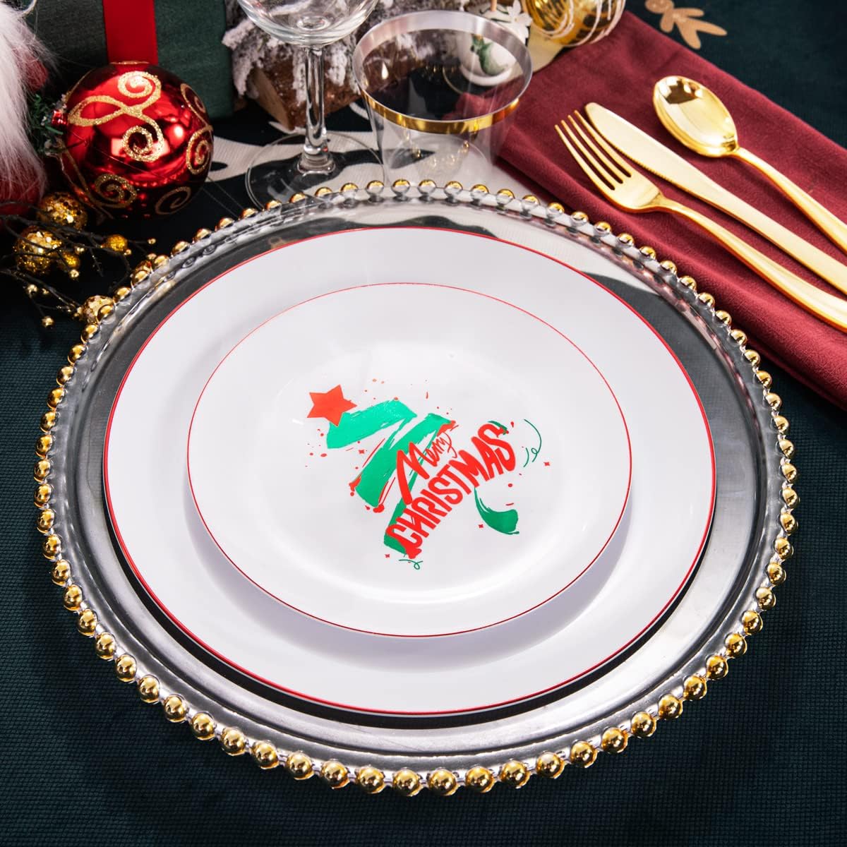 KIRE 25 Guest Christmas Plates - White & Green Tree Plastic Plates & Gold Disposable Utensils & Clear Gold Cups for Christmas Parties