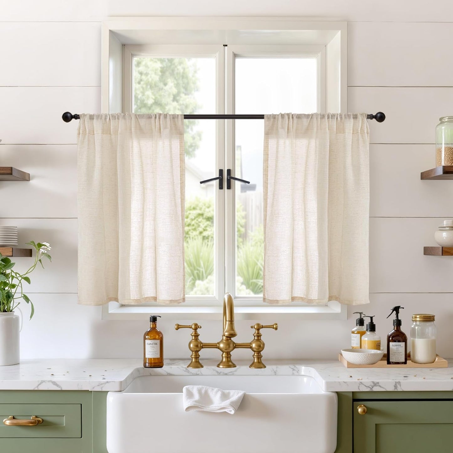 BGment Natutal Linen Cafe Curtains 30 Inch Length, Farmhouse Kitchen Window Drapes Semi Sheer with Rod Pocket Lightweight Textured for Bathroom Over Sink Decor, 2 Panels Set, 30 Inch Wide