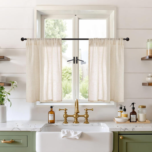 BGment Natutal Linen Cafe Curtains 30 Inch Length, Farmhouse Kitchen Window Drapes Semi Sheer with Rod Pocket Lightweight Textured for Bathroom Over Sink Decor, 2 Panels Set, 30 Inch Wide