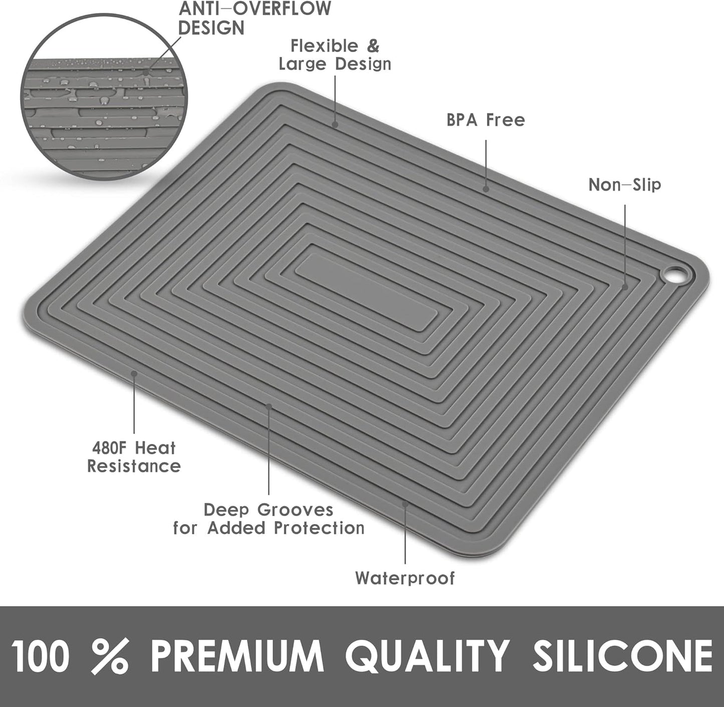 Silicone Trivets for Hot Dishes-Pots and Pans, Heat Resistant Mats, Hot Pads for Kitchen Table, Non Slip Silicone Mats-Pot Holders-Placemats, Rectangular Microwave Cover Mats Pack 4 Dark Gray