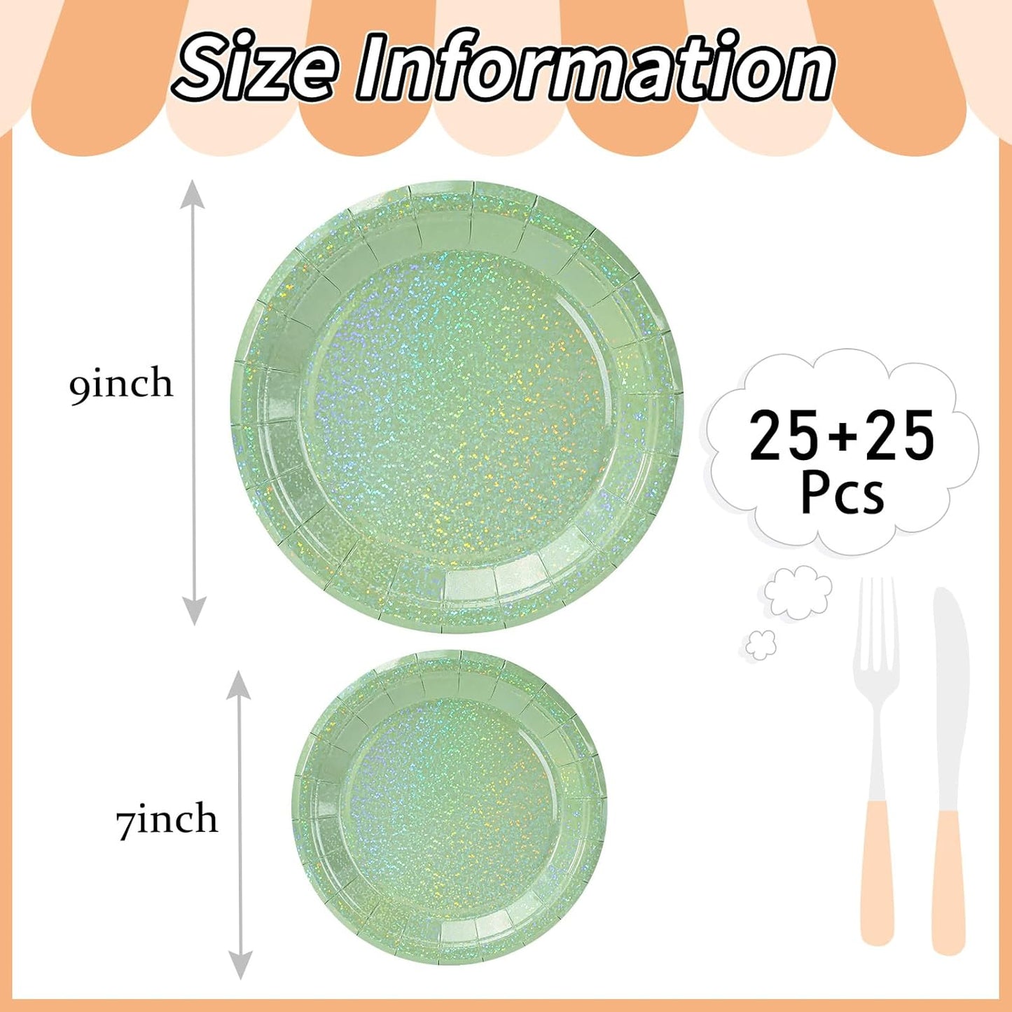 50 Pcs Iridescent Sage Green Paper Plates 25 × 7'' and 25 × 9'' Disposable Green Shiny Holographic Foil Dinner Plates for Wedding Baby Shower Birthday Party Glitter Dessert Plate