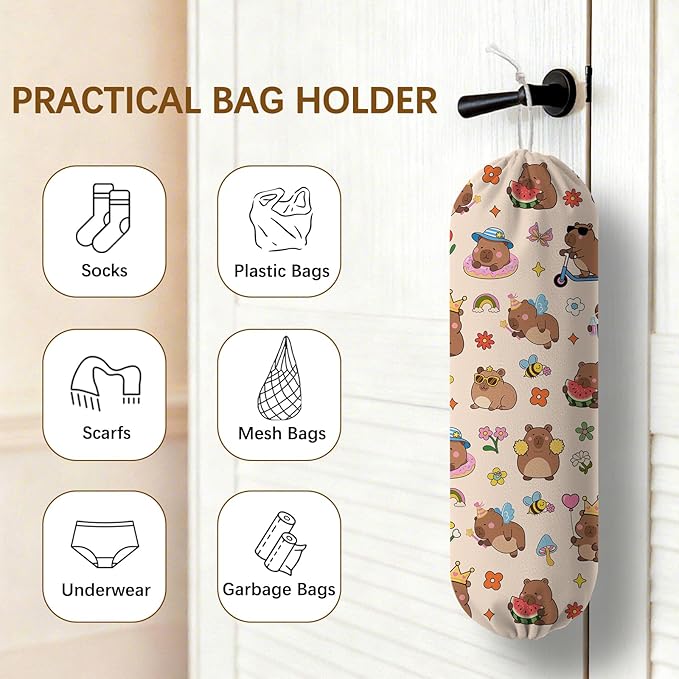 Capybara Plastic Bag Holder Dispenser, Plastic Grocery Bag Organizer & Wall Mount Paper Trash Bag Saver Storage for Kitchen Home Pantry Decor, Cute Animal Decor