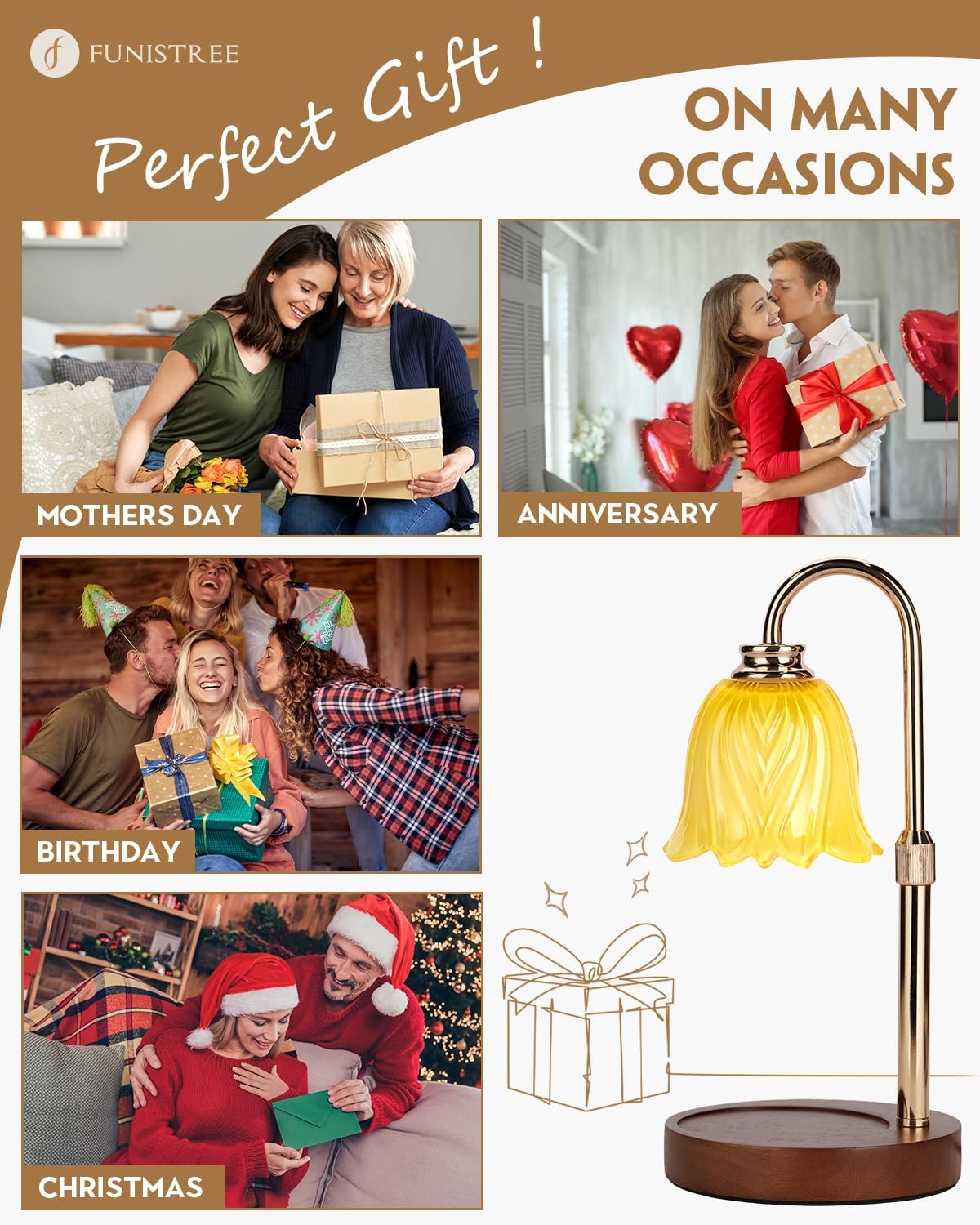 Candle Warmer Lamp, Gold Candle Lamp Warmer with Timer & Dimmer with 2 Bulbs, Dimmable, Christmas Gifts for Women Mom, House Warming Gifts New Home Bedroom Decor, Height Adjustable