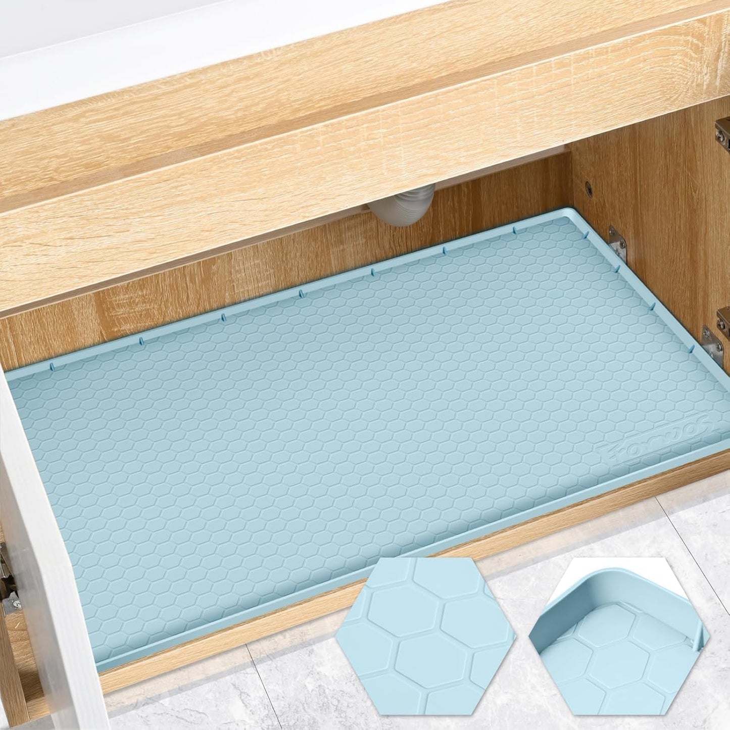 Waterproof Under Sink Mat 34" x 19", Silicone Cabinet Liner, Rubber Protector for Kitchen and Bathroom, Keeps Cabinets Clean, Dry, and Organized (Light Blue)