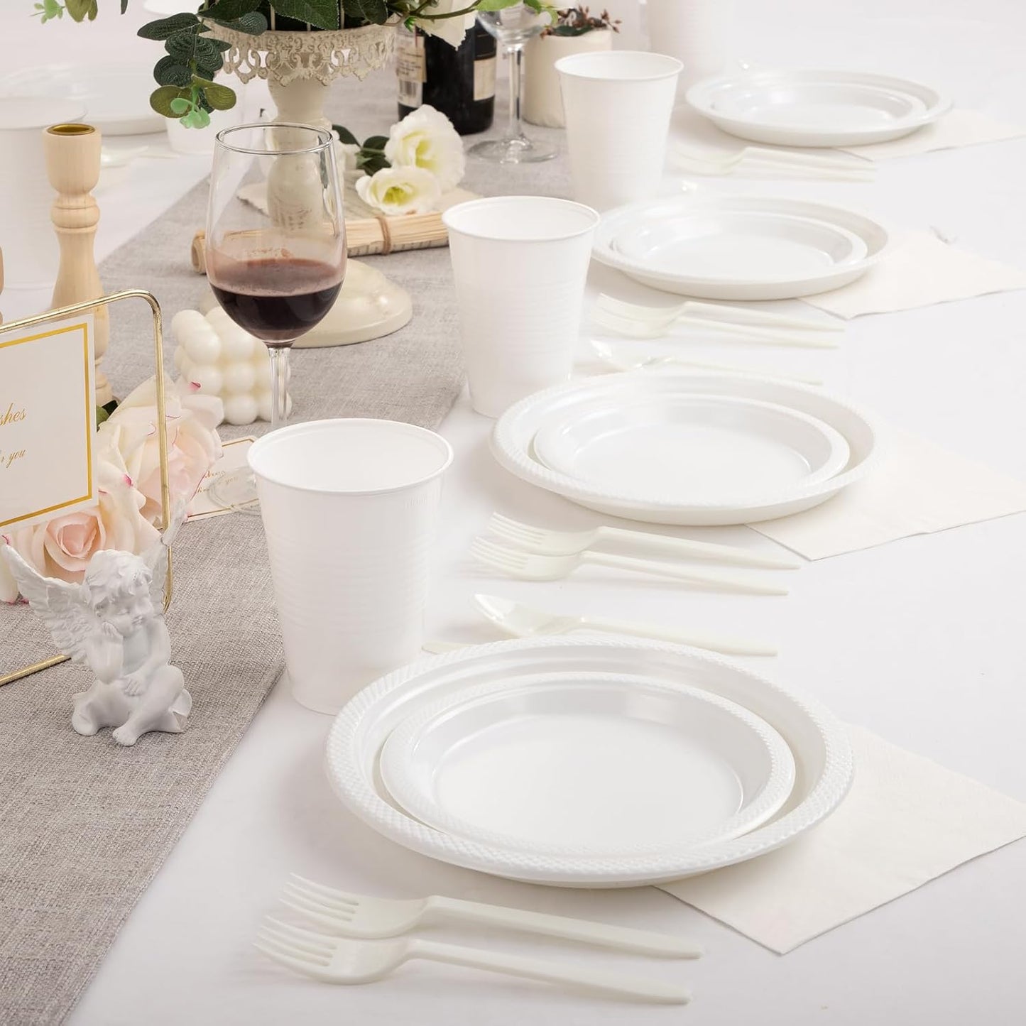 WELLIFE 210 Pieces White Party Supplies, White Plastic Dinnerware Set, Including Plates, 16OZ Cups, Plastic Cutlery and Paper Napkins Serve 30 Guests for Party
